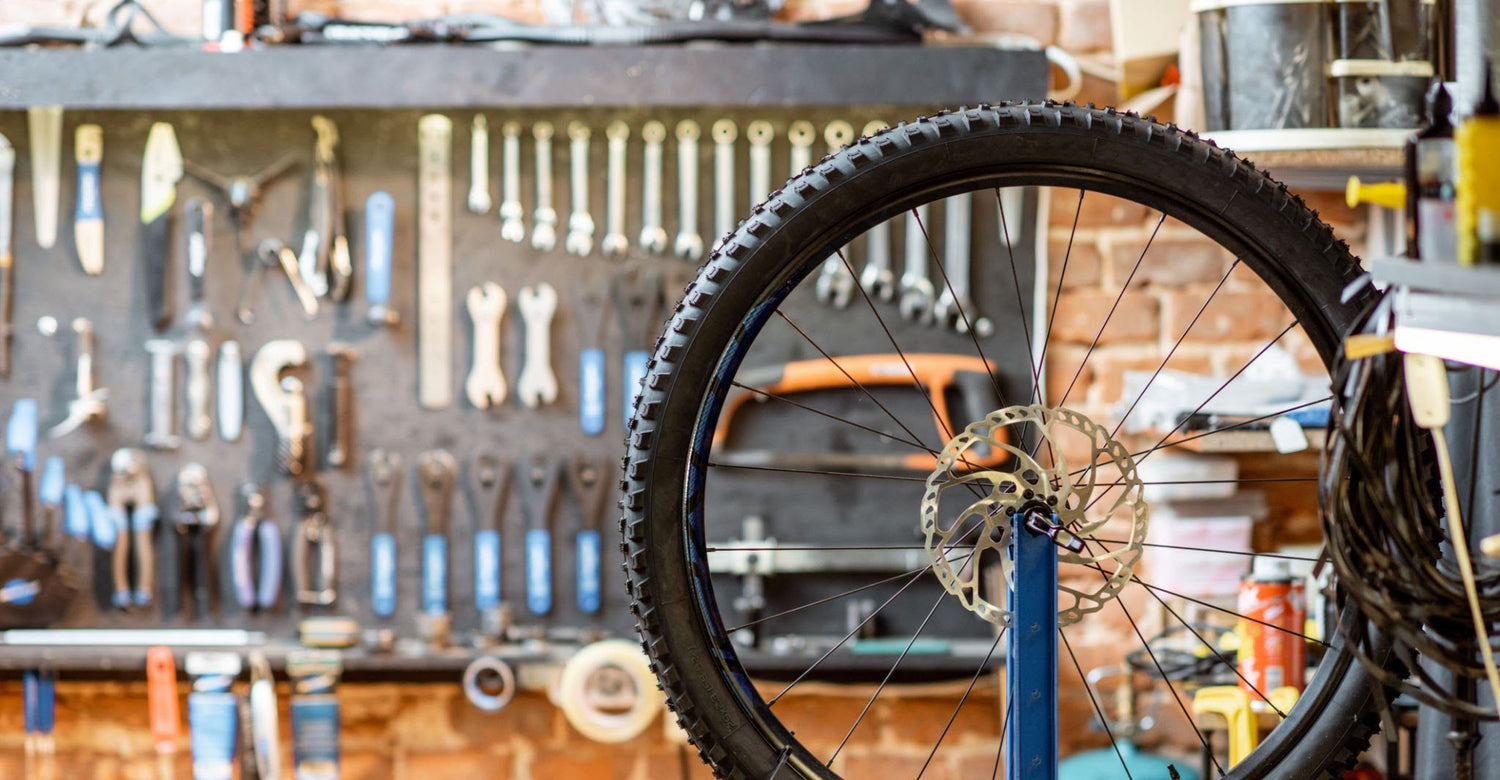 bicycle wheel is being serviced